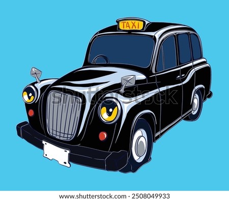 Classic black london taxi cab drawn in vector isolated. Old fashioned black taxi car without people inside shown from the front, one side view