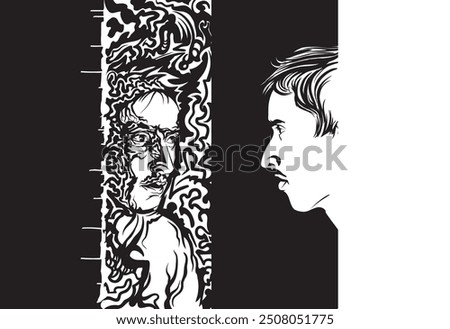 A young man looks at his reflection in mirror. Black and white doodle drawing of a man who looks at his reflection in the mirror and see a it in a very stramge manner like hallucinates