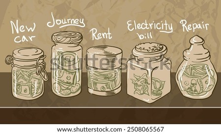 Five jars with money for savings inside	
