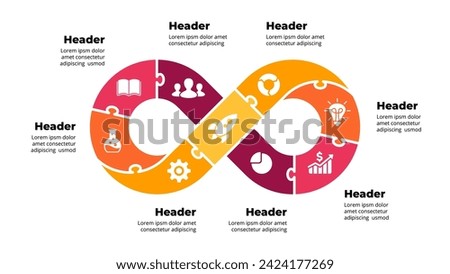 Puzzle Infinity symbol infographic. Success concept chart. Startup business cycle icons. Clear modern graphic design. Cycle diagram 8 9 steps. Curve line shape. Creative presentation template