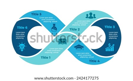 Infinity symbol infographic. Success concept. Startup business icons. Clear modern graphic design. Cycle diagram 6 steps. Curve line shape. Creative presentation template. Flow color chart
