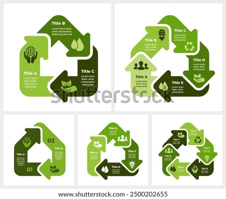 Sustainable home cycle infographics. Renewable energy. 2, 3, 4, 5, 6 steps arrows diagram. Green house. Environmental care chart. Recycling housing. Eco friendly building. Nature icon Smart technology