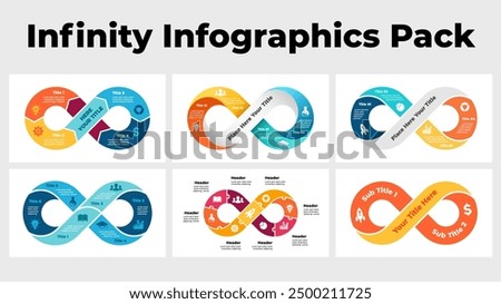 Infinity infographics. Circle Arrows Diagram. Flow puzzle chart. Startup business cycle icon. Clear modern graphic design. 2, 3, 4, 5, 6, 9 steps options . Creative presentation template slide. 