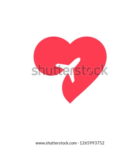 Logo Heart wiht airplane inside, love to travel, flat design, vector. Concept illustration on travel and tourism.