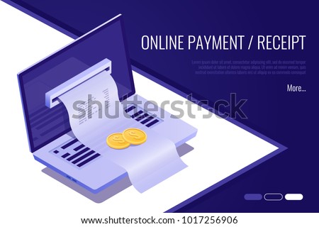 Concept of electronic bill and online bank, laptop with check tape. 3d isometric vector illustration