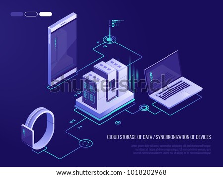 Concept of data network management .Vector isometric map with business networking servers, computers and devices.Cloud storage data and synchronization of devices.3d isometric style
