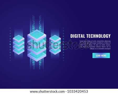 Concept of big data processing, energy station of future, server room rack, data center isometric vector illustration  