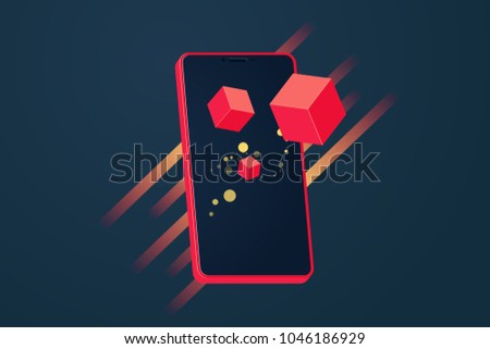 Realistic modern touch smartphone in red color on dark background. Augmented reality. 3d Vector illustration For infographics and design.