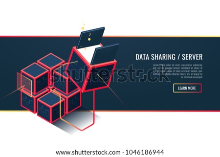Concept of cloud computing technologies, data sharing and remote data server, for graphic and web design.Conceptual vector vertical banner.3d realistic style