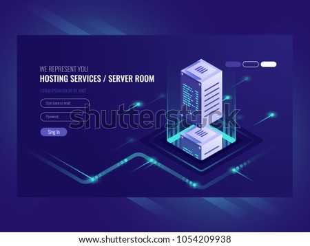 Hosting services, data center, server server room, template of page on information technologies theme sometric vector illustration ultraviolet