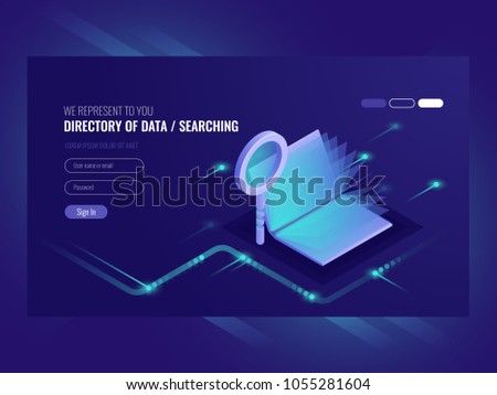 Directory of data, information serching result, book with magnifying glass, search engine optimization, information technologies isometric vector ultraviolet