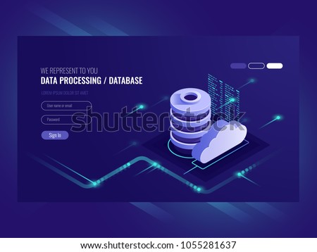 Big data flow processing concept, cloud database, isometric vector, web hosting and server room icons ultraviolet