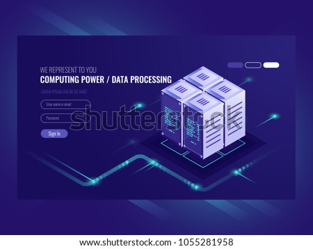 Blockchain server concept, quantum computer, server room, database, information storage and processing isometric vector ultraviolet