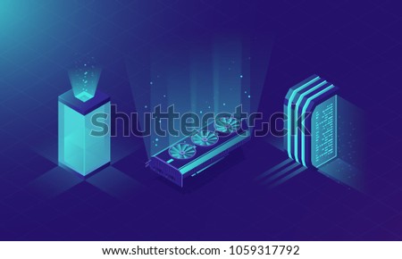Isometric server room, concept of vector servers rack, neon design, crypto currency mining equipment set, video card data center and database icons
