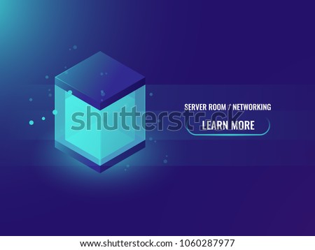 isometric neon big data storage block concept, abstract technology banner, shining cube box, blockchain vector illustration