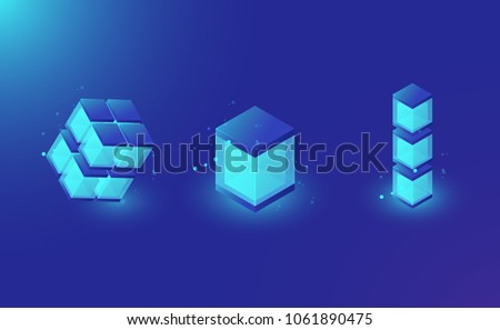 Blockchain technology lemets for design, isometric shining box, database, glass cube dark blue vector background