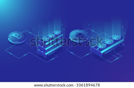 Cryptocurrency mining equipment, isometric ethereum digital currency extract, blockchain system dark blue vector illustration