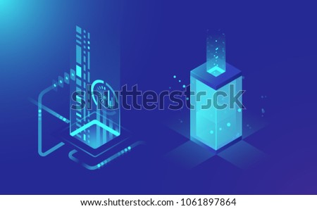 Data storage and processing, abstract technology elements, cloud storage data flow, isometric server rack concept dark blue vector illustration