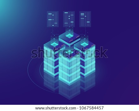 Isometric Server room and big data processing concept, datacenter and data base icon, digital information technology, neon dark gradient