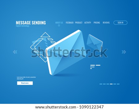 Message icon, email sending concept, online advertising, web page template isometric vector