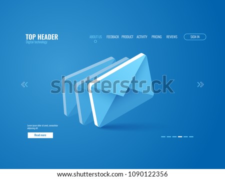 Email icon isometric, website page template vector on blue background