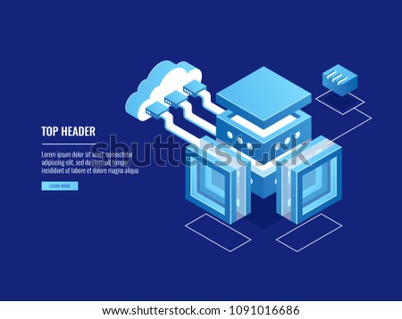 Cloud warehouse, data copy storage, server room, connection with cloud, data center database icon isometric vector