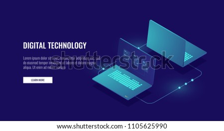 Two laptop computer exchanging data, data encryption, protected connection concept isometric vector