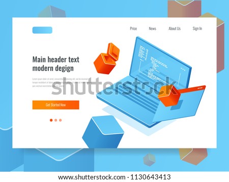 Software development, programming, laptop with code and screen, program refactor isometric vector illustration
