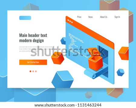 Website development concept, search engine optimization, add-on module plugin programming, web page isometric technology vector illustration