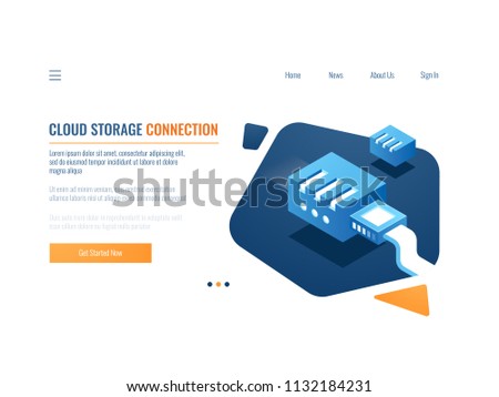 Data backup, cloud storage of clone data system, file warehouse service, plugin at network server room and datacenter isometric vector illustration