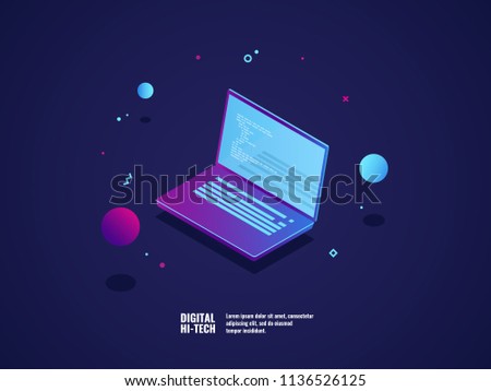 Programming of application and software development concept, laptop with program code on screen, vector illustration isometric neon dark ultraviolet