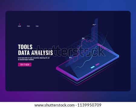 Mobile service data analysis and information statistic, financial report, online bank icon isometric vector illustration dark neon ultraviolet