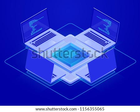Network computer connection, server room, big data processing, laptop around place isometric vector illustration