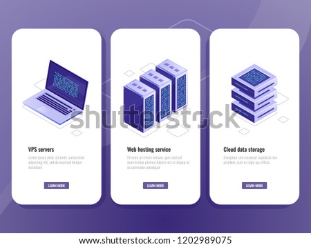 Web hosting service isometric icon, vps server room, data warehouse cloud storage, laptop with big data processing process on screen vector vertical banner