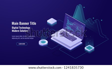 Programming concept isometric icon, laptop with program code on screen, data visualization dark neon vector