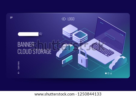 Cloud storage, data protection and security, digital signature key, laptop with shield, 3d vector