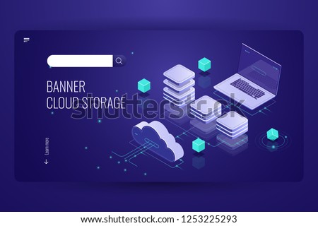 Download files from the concept cloud data storage, isometric cloud computer technology, network vector 3d schematic