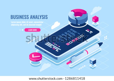 Online organizer on mobile phone application, checklist on screen of smartphone, task list, data statistics and analytical, cloud data storage, remote business control, electron report vector