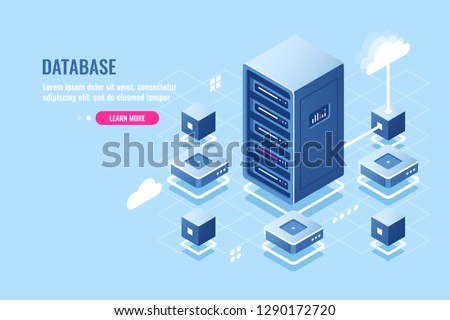 Server room isometric icon, database connection, transfer data on remote cloud storage, server rack, data center, calculation power, flat vector illustration blue white