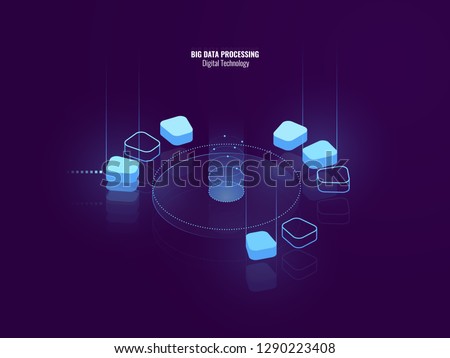 Awesome isometric banner of digital technology, isometric abstract icon of big data processing, conceptual cloud storage, data warehouse of future, blockchain, lighting neon, vector illustration