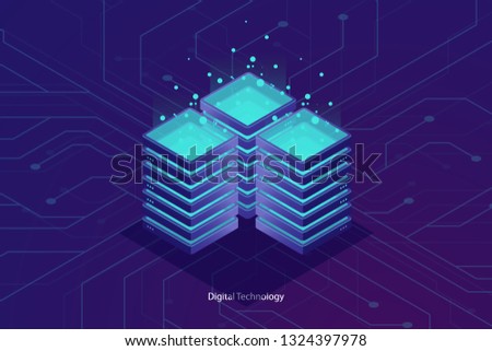 Server room, cloud data cloud storage, big data processing concept, networking and internet conncetion, information warehouse isometric vector