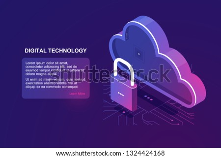 Protected file on remote cloud storage, isometric cloud icon, saved internet provider, reliability document storage, backup download upload ultraviolet vector