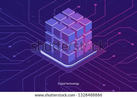 Isometric database icon, abstract computer central processor, digital technology, tech banner, server room and big data processing ultraviolet vector