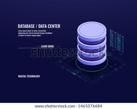 Data center isometric icon, database and cloud data storage concept, server room, accumulation of information, cloud computing, 3d vector illustration