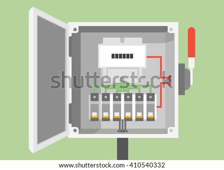 Breakers switch vector flat, fuse vector, electric box, circuit breakers, electrical panel, switch with wires, electric meter in box Foto d'archivio © 