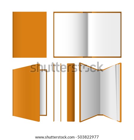 A set of books in different positions. Closed / open / half-open notebook. Realistic vector illustration isolated on white.