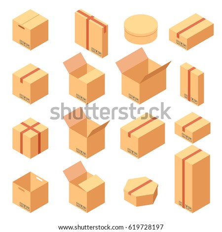 Isometric set of cool paper boxes in various variants. 3d Flat vector illustration
