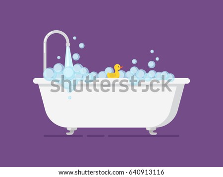  Cartoon tub full foam with open tap. Gain bath flat vector illustration