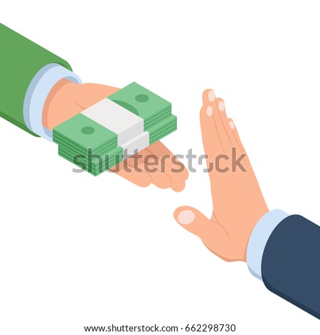 Concept of no bribe stop corruption, businessman holding stack of money in hand offering bribe, hand gesture rejecting the proposal isometric vector flat illustration