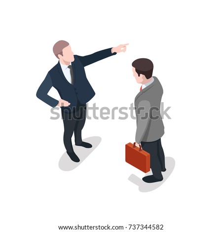 Employer dismisses the employee, leader gives instruction, office workers isometric flat vector illustration